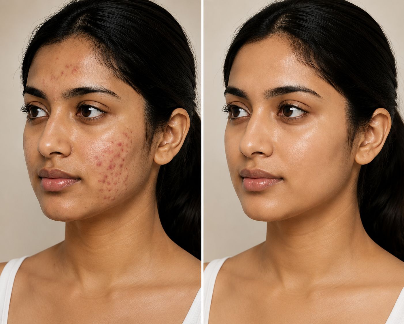 Before and after example showing improvement in acne and acne scars